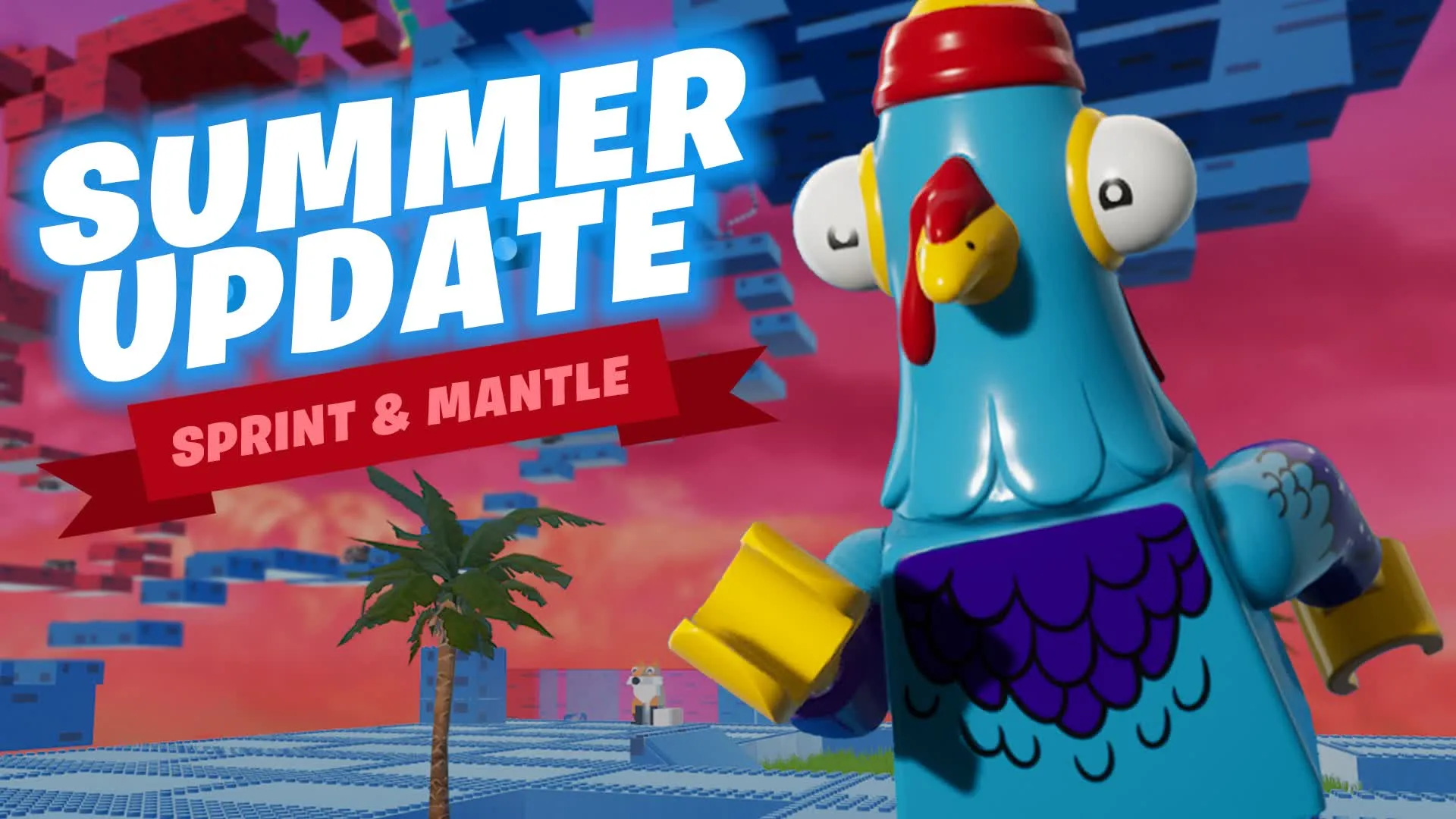 Key art for OnlyUp Red vs Blue: a LEGO chicken character in front of red and blue block towers.