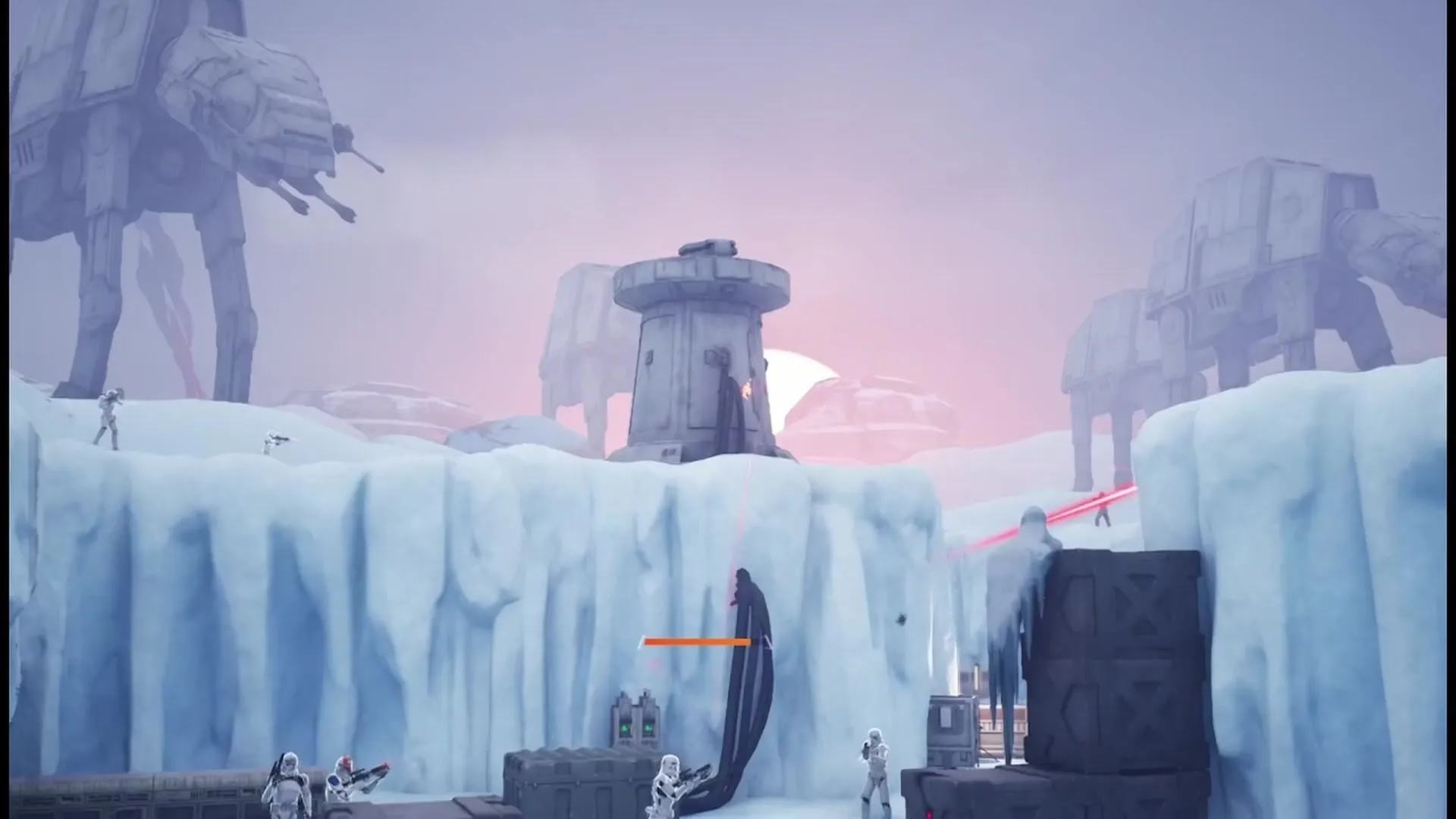 Star Wars: Shadowfall Roguelike in Fortnite: AT-AT walkers crossing the Hoth ice fields at sunset while snowtroopers exchange blaster fire below.