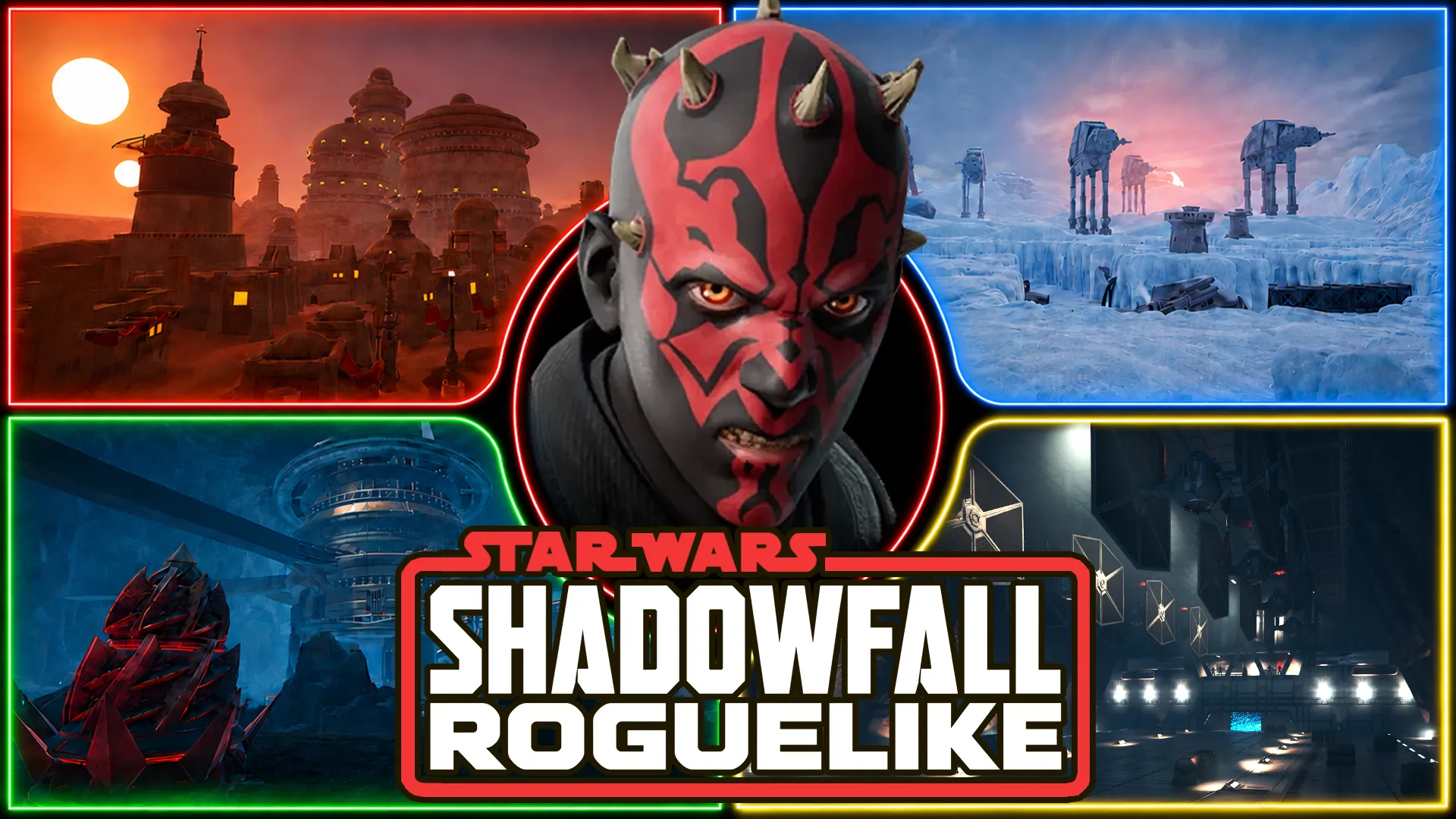 Key art for Star Wars: Shadowfall Roguelike, showing Tatooine, Hoth, Bespin and a Star Destroyer hangar.