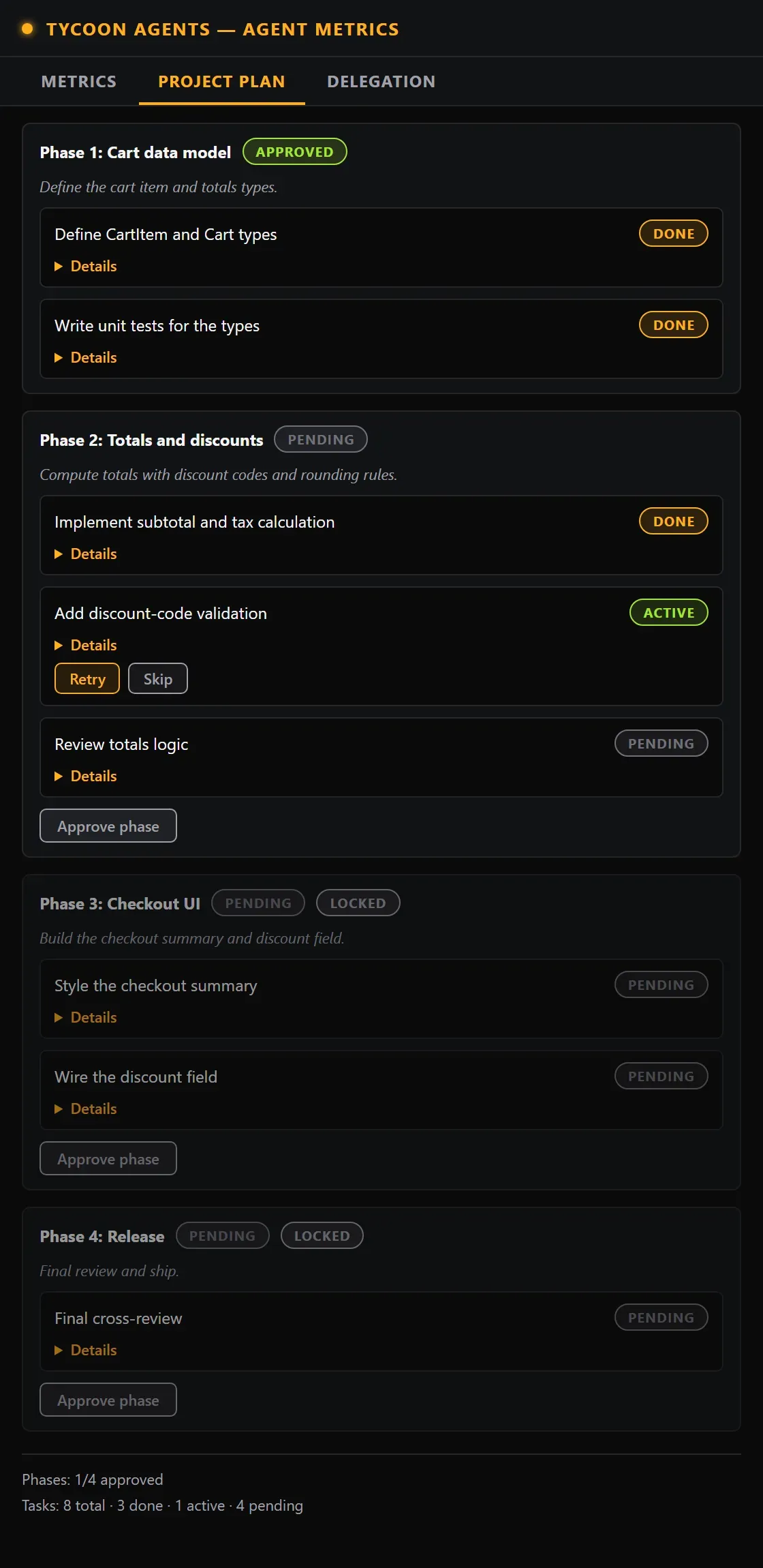 TycoonAgents Project Plan tab listing phases with task statuses and Approve phase buttons