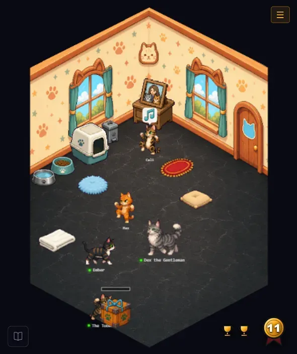 TycoonAgents Theater view, an isometric pixel-art room with cat characters
